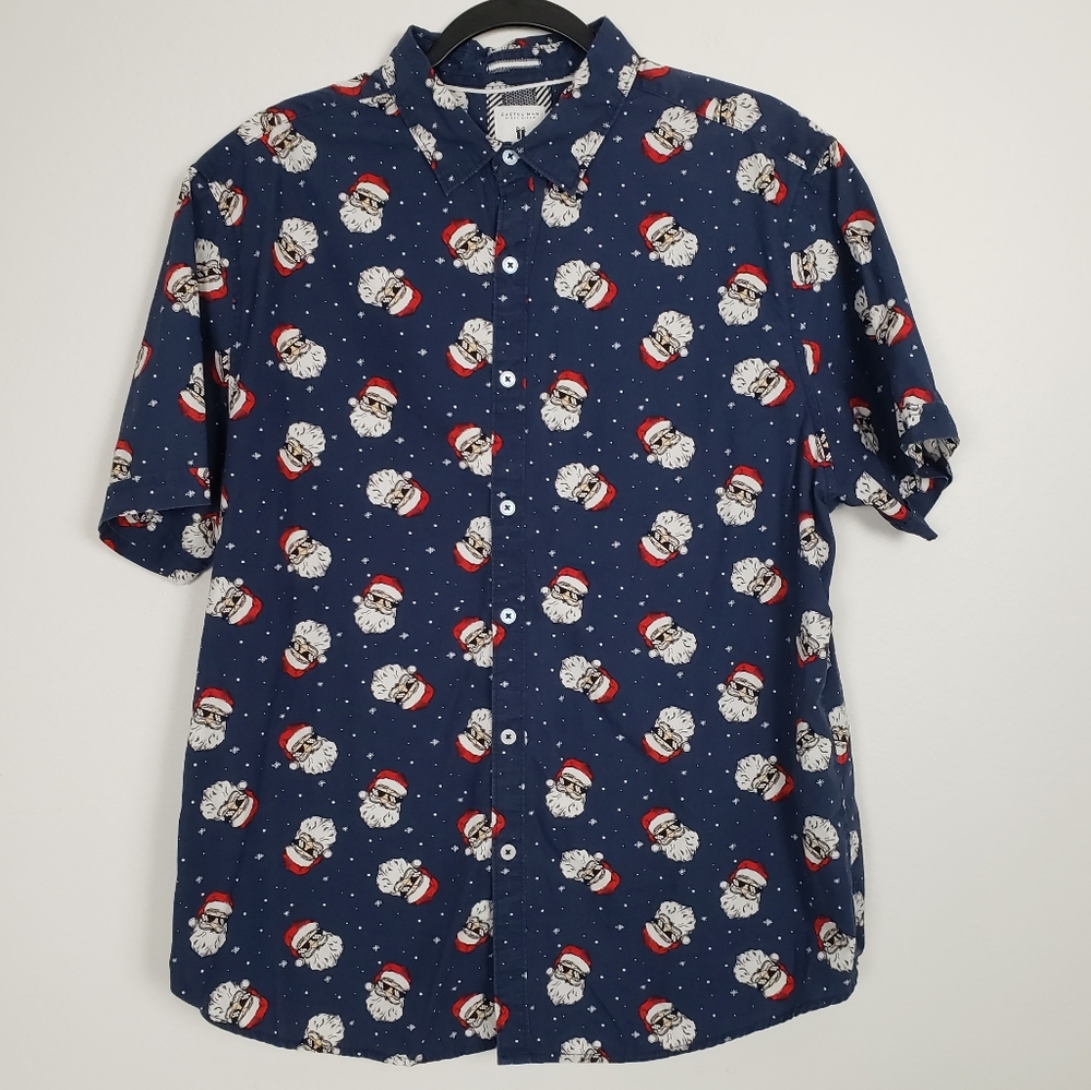 Cactus Man Cool Santa Holiday Christmas Button Down Short Sleeve Shirt XL